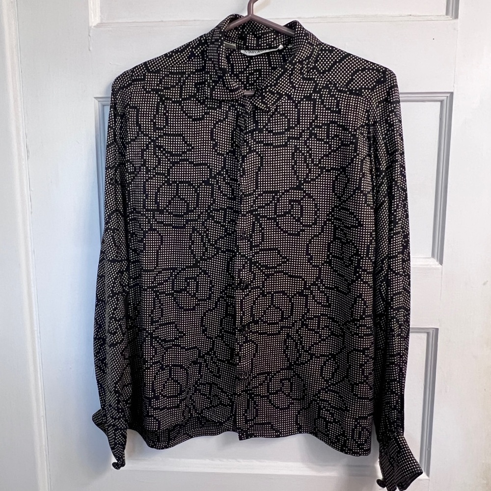 Vintage Black and Cream Patterned Blouse, 100% Silk
